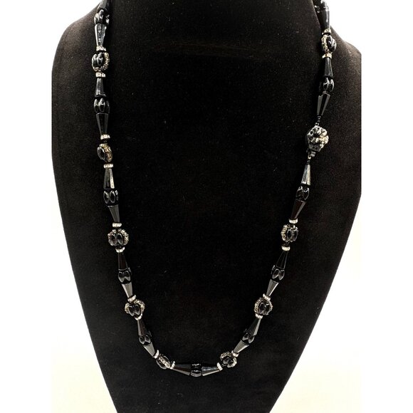 Vintage Miriam Haskell Mourning Black Glass And Rhinestone Necklace - Picture 2 of 7
